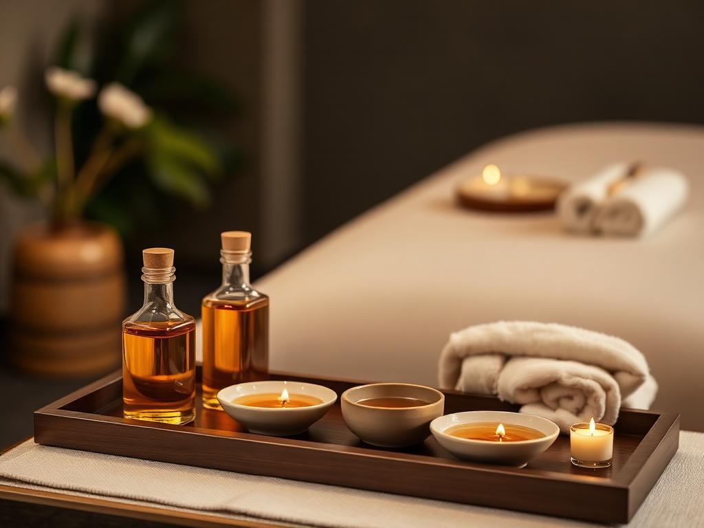 Thai-Ölmassage – warme Massageöle, Handtücher und Kerzen auf einem Holztablett