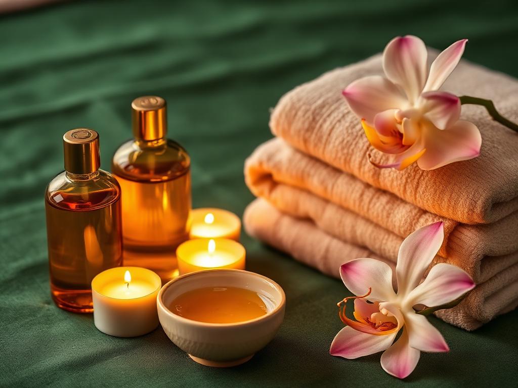Aromaölmassage – ätherische Öle, Kerzen und frische Handtücher in ruhiger Spa-Atmosphäre