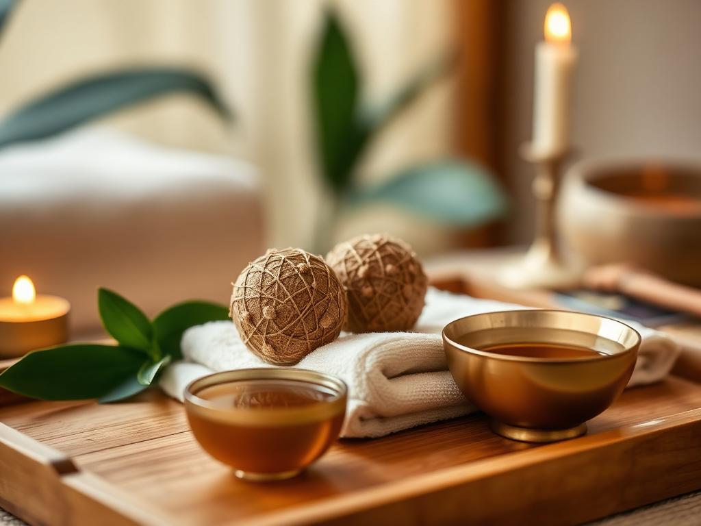 Traditionelle Thai-Massage – Kräuterstempel, warmes Öl und Handtücher auf einem Holztablett